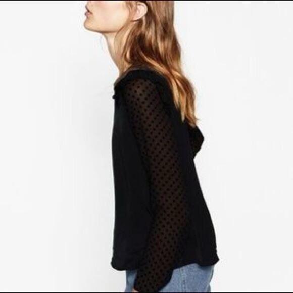 Zara black frilled shoulder sheer polka dot sleeve blouse size xs - Picture 2 of 7